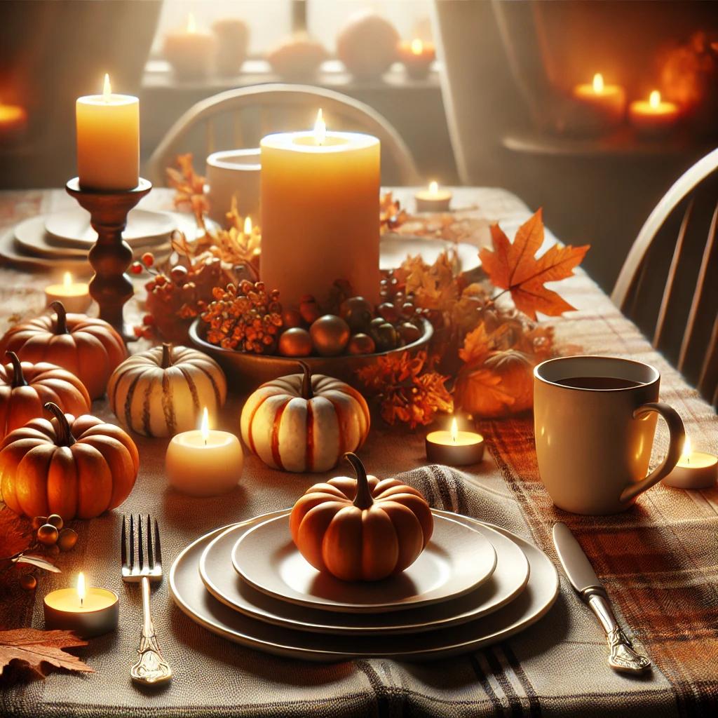 Thanksgiving table decorated with pumpkins, gourds, autumn leaves, and a lit candle centerpiece, creating a cozy and festive atmosphere.