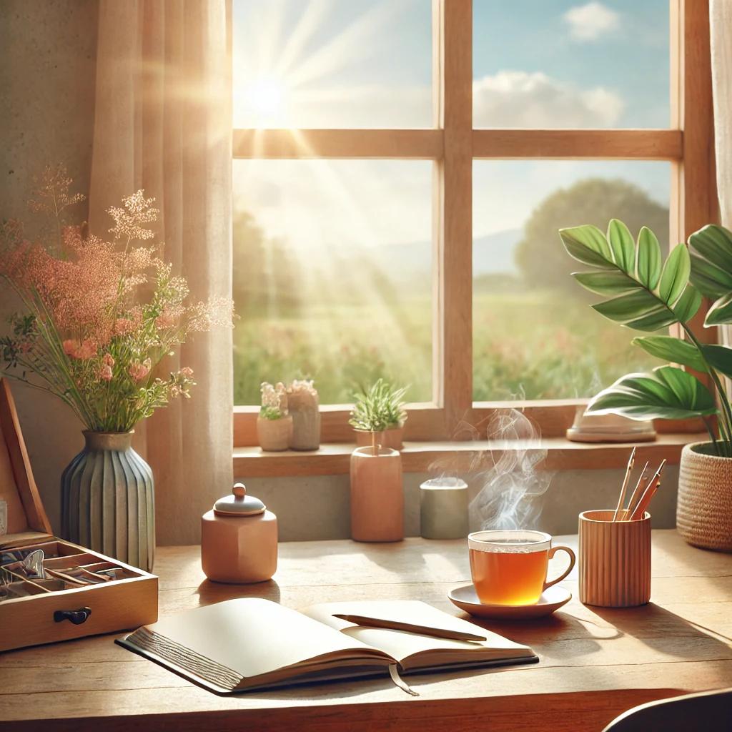 A cozy home workspace with a wooden desk, an open journal, a steaming cup of tea, and sunlight streaming through a window, evoking a sense of tranquility and focus.