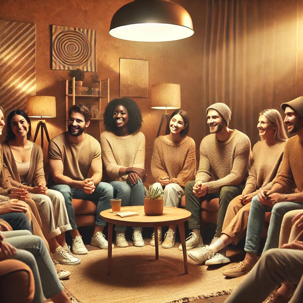 A diverse group of people seated together in a cozy, softly lit room, sharing smiles and stories in a warm, welcoming atmosphere that reflects a sense of belonging and community.