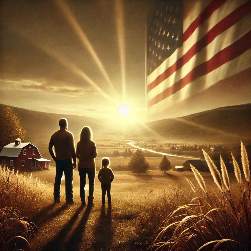 Family standing together outside, facing a hopeful horizon with an American flag in the background, symbolizing resilience amid political change.