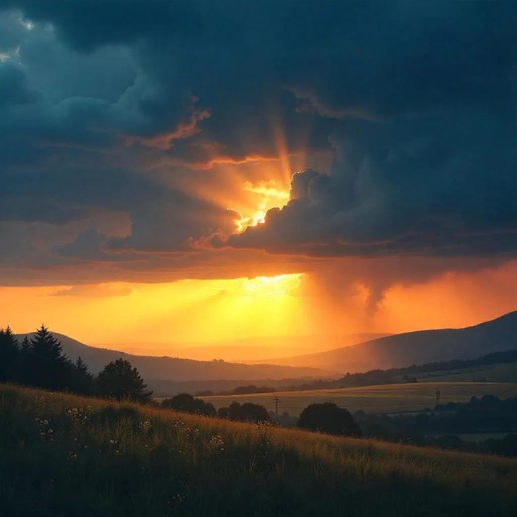 Podcast-1 Sunrise breaking through dark storm clouds, illuminating a serene landscape to represent hope and new beginnings.