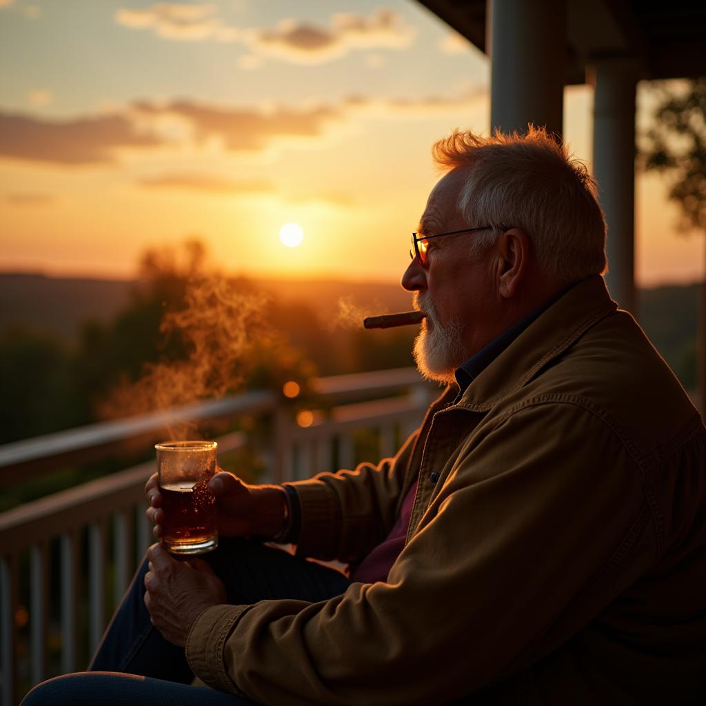 Man with gray beard enjoying a cigar and whiskey on porch at sunset, contemplating life in peaceful solitude