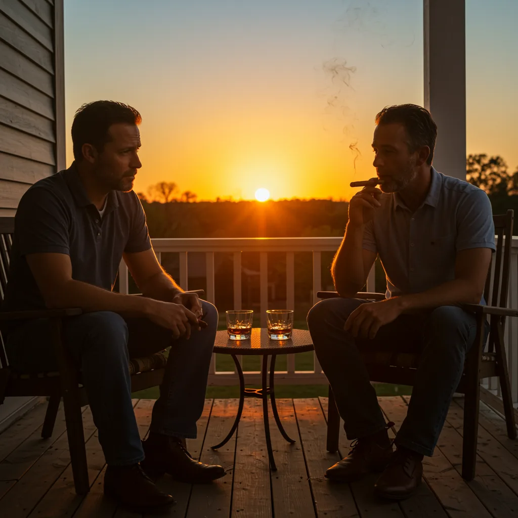 Two middle-aged men in casual shirts sitting on porch chairs at sunset, deep in conversation. One man smoking a cigar, with whiskey glasses on table between them.