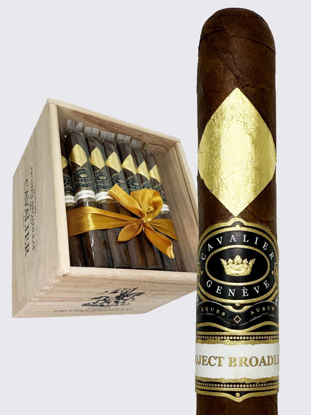 Cavalier-Project-broadleaf-Skywalker cigar with dark, oily wrapper resting on cedar with thin smoke rising in amber lighting
