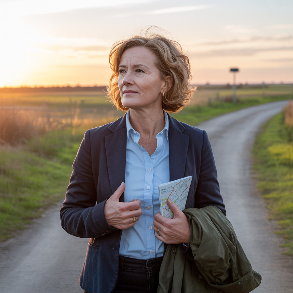 Woman at crossroads contemplating new path at sunset, symbolizing midlife reinvention and faith in second chances