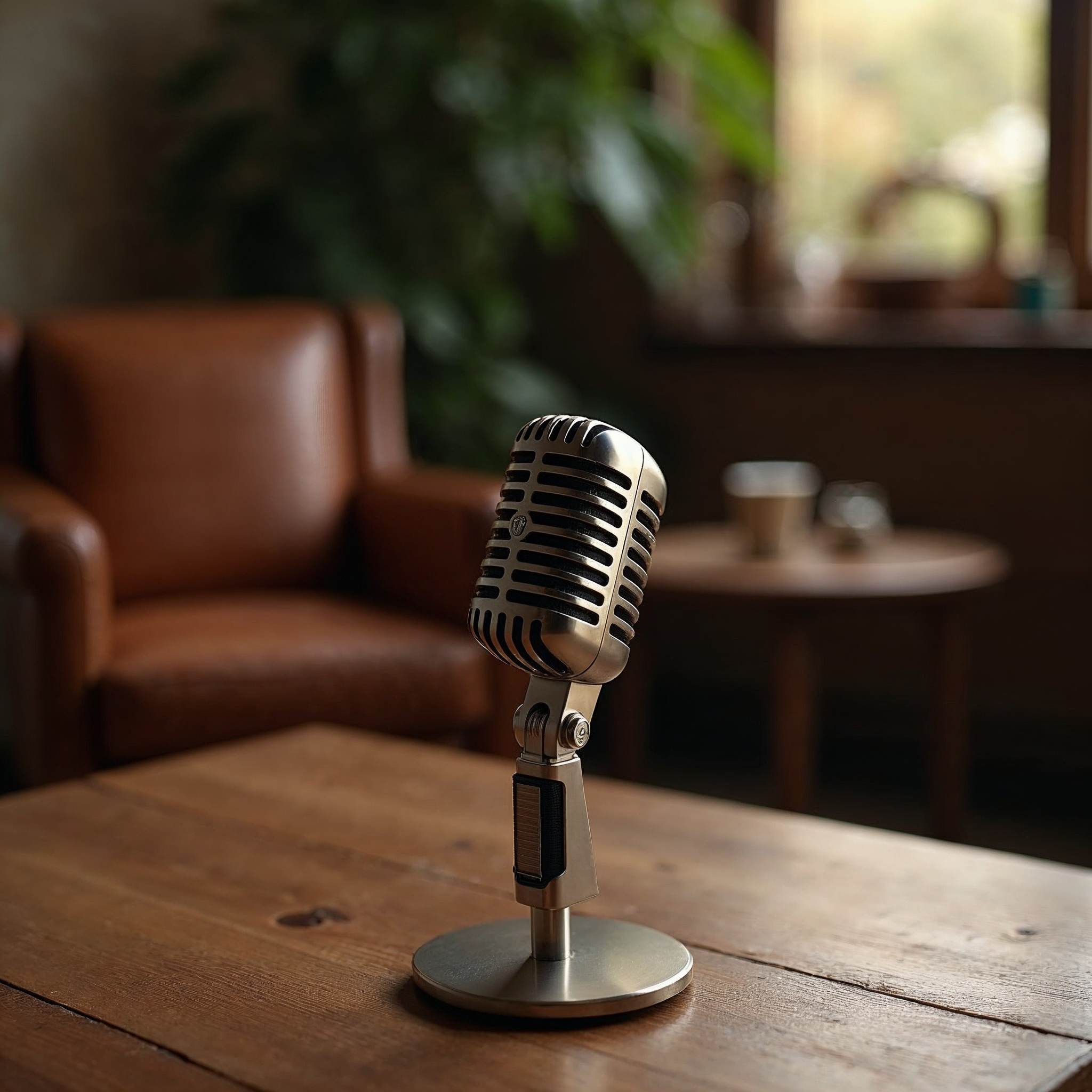 Vintage-style microphone on wooden table with leather chair and plants in background creating a cozy podcast setting