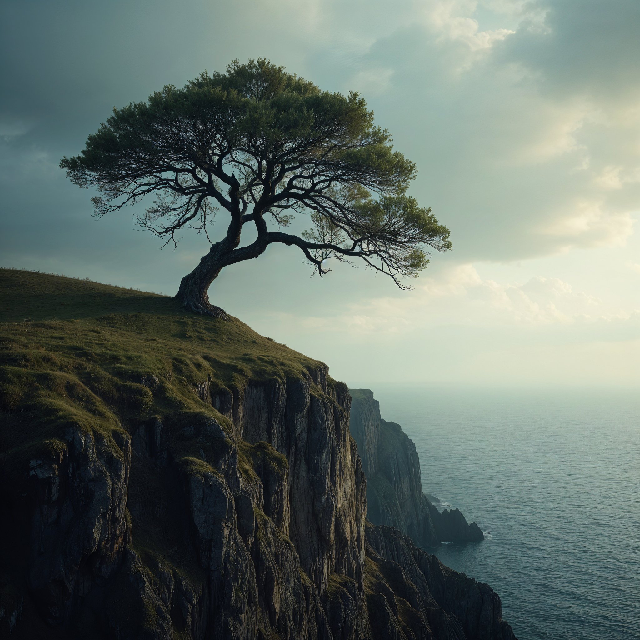 A solitary tree growing on the edge of a steep cliff overlooking the ocean, with its branches reaching toward a dramatic cloudy sky.