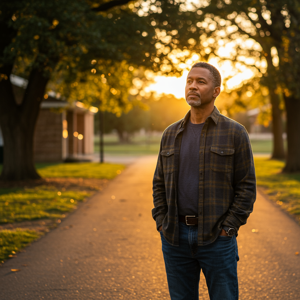Middle-aged African American man standing thoughtfully on tree-lined path during golden hour, representing midlife reflection and personal reinvention