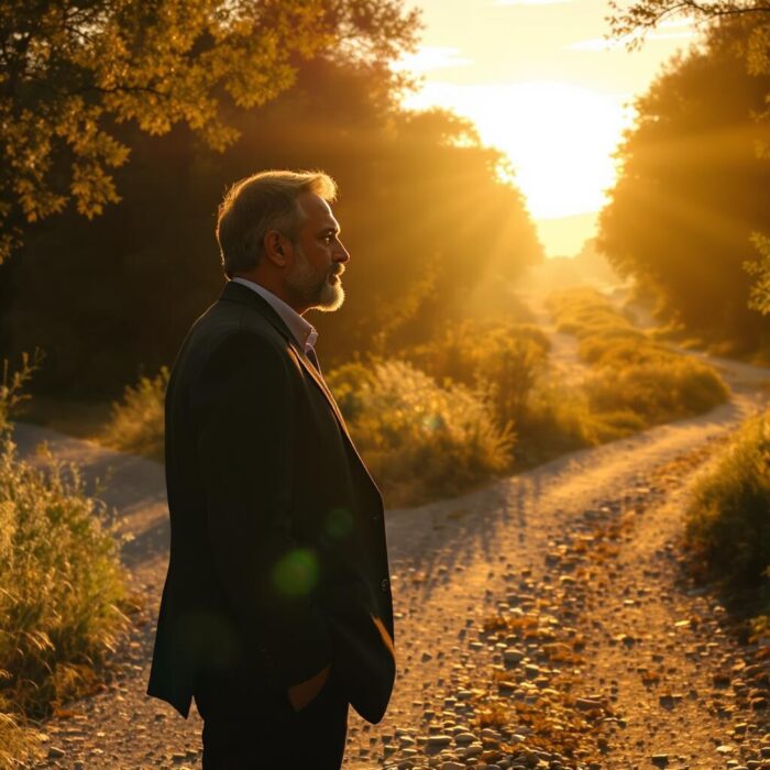 Middle-aged professional man in business suit standing thoughtfully on a tree-lined path during golden hour, representing career transition and life purpose decisions