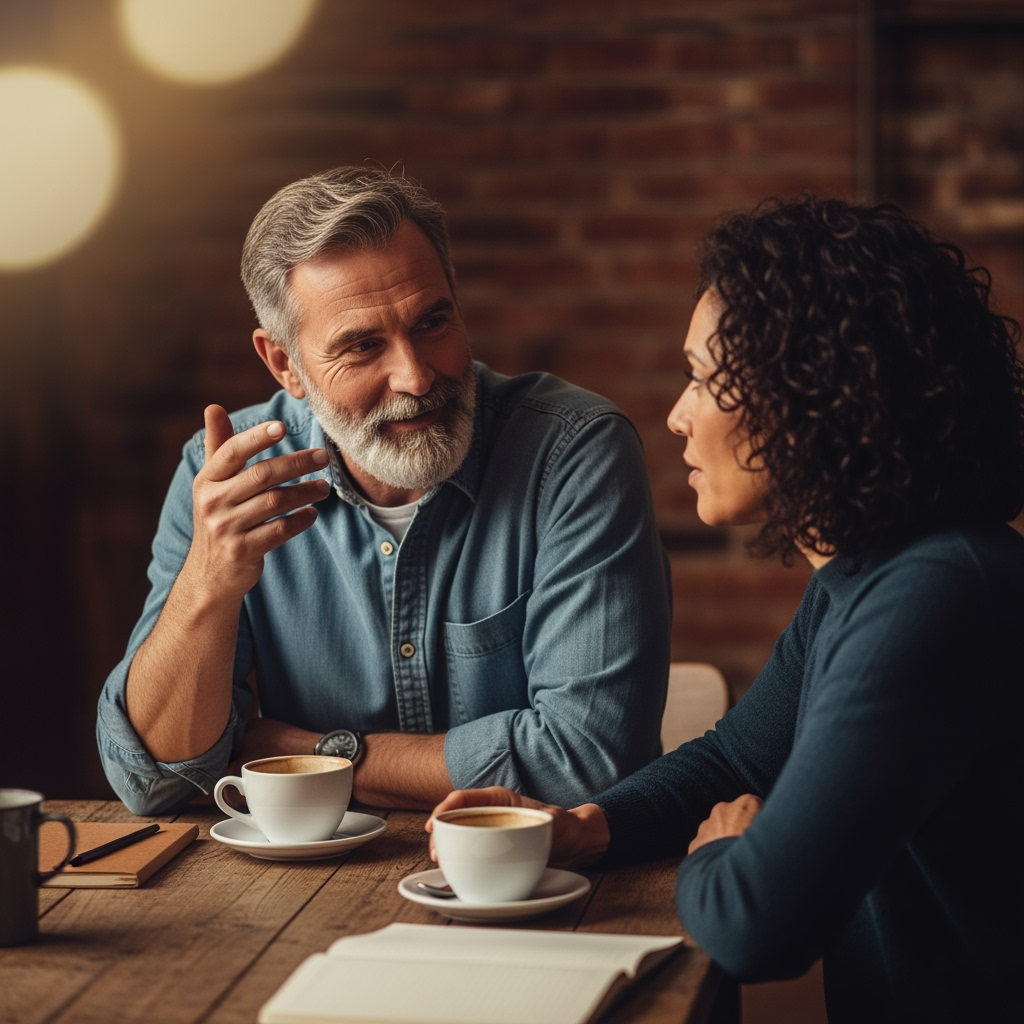Two middle-aged friends having a deep conversation over coffee at a wooden table in a warm, intimate setting