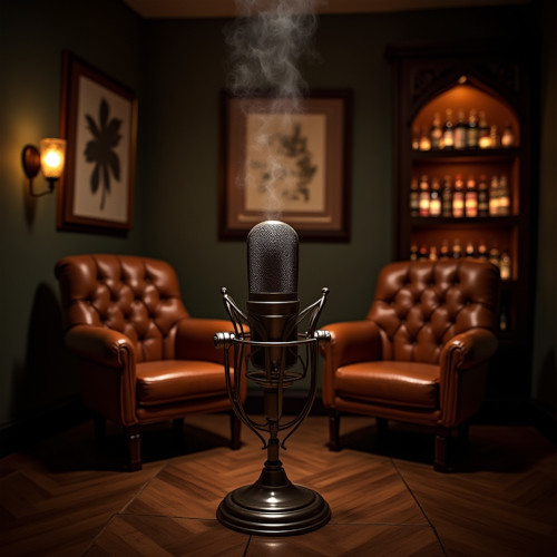 Vintage microphone with smoke rising in a cigar lounge podcast setting