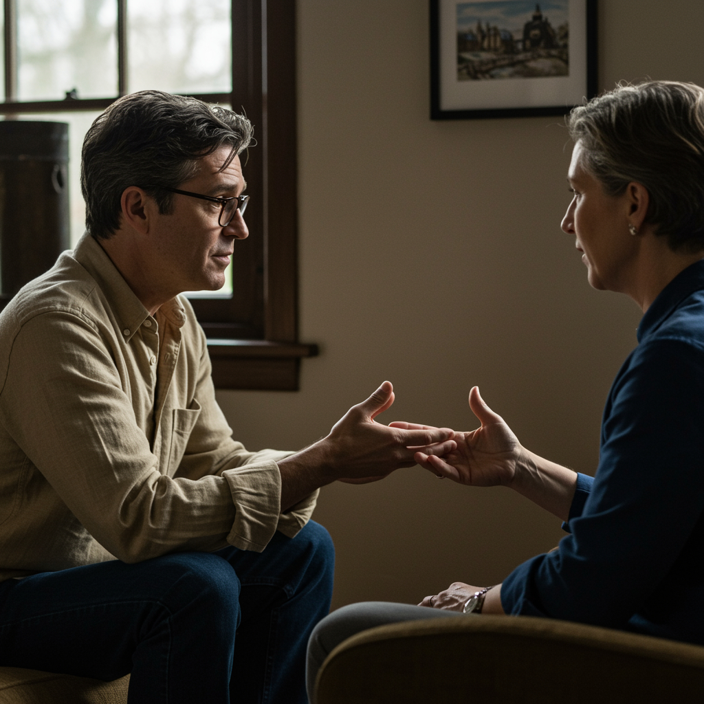 Two middle-aged friends having a deep conversation indoors, man in glasses and beige shirt gesturing with open hands while woman in blue listens attentively