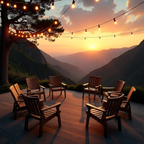 Circle of wooden Adirondack chairs arranged on a deck overlooking mountain valleys at sunset, with warm string lights overhead creating an intimate gathering space