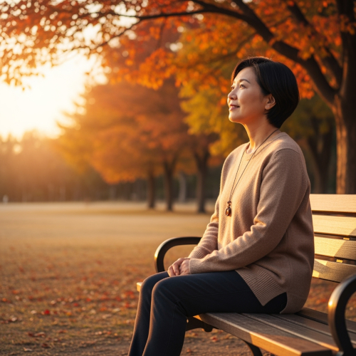 Middle-aged woman sitting peacefully on park bench during golden hour, looking toward horizon with contemplative expression under autumn trees