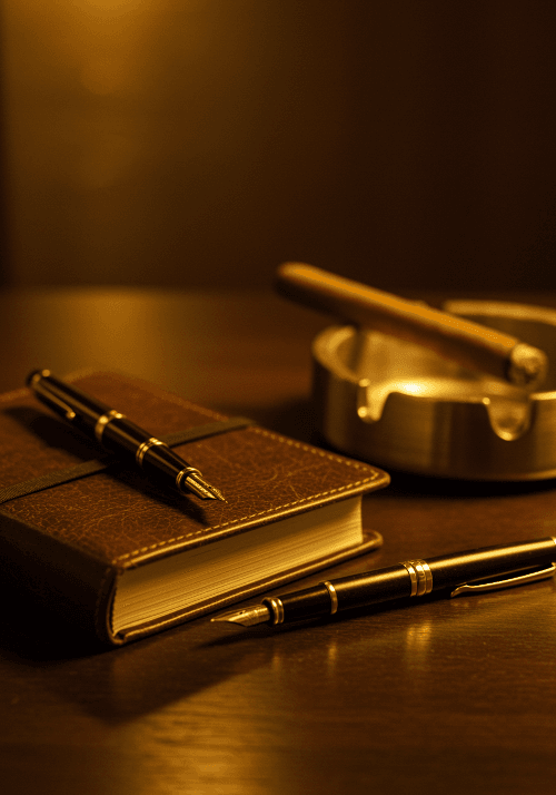 Leather-bound address book, fountain pen, and cigar — link to contact and collaborations.