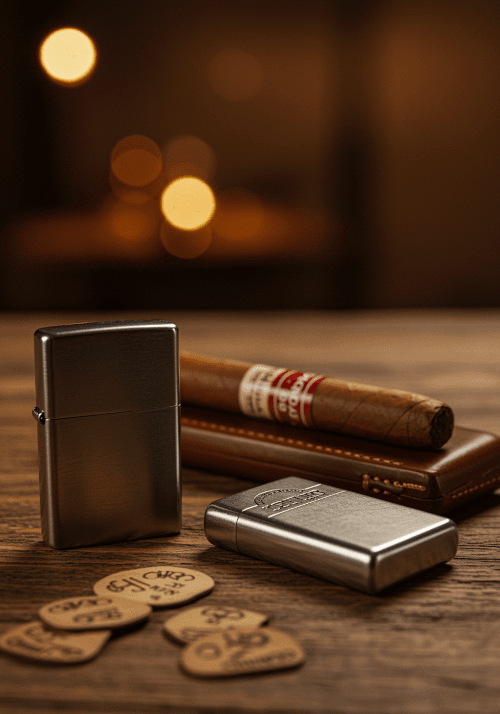 Branded lighter, leather cigar case, and cigar bands on rustic wood — link to cigar merch.