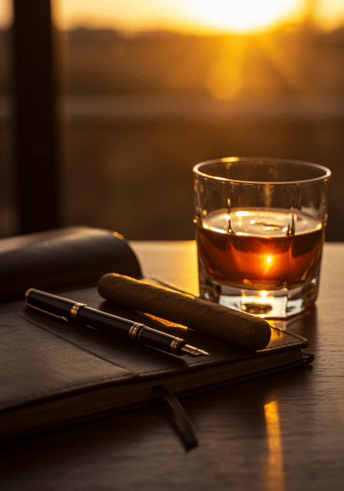 Journal, cigar, and whiskey glass in warm golden light — link to Oasis Blog.