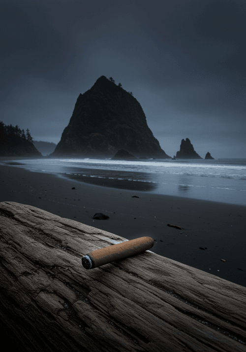 A lit cigar resting on driftwood at a moody Cannon Beach shoreline with sea stacks in the background under a cloudy dusk sky.