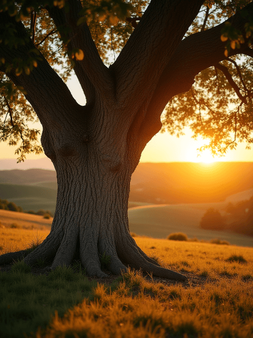 Mature oak tree silhouetted against golden sunset, symbolizing growth and renewal in life's second half