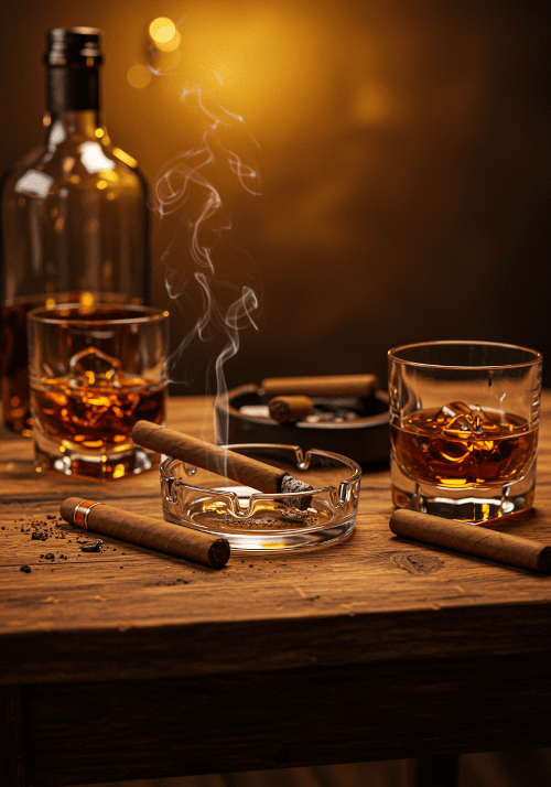 Multiple cigars, whiskey glasses, and ashtrays on rustic table with warm golden lighting — link to HERF events.