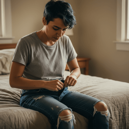 Person sitting on bed looking down sorrowfully while struggling to button jeans that don't fit