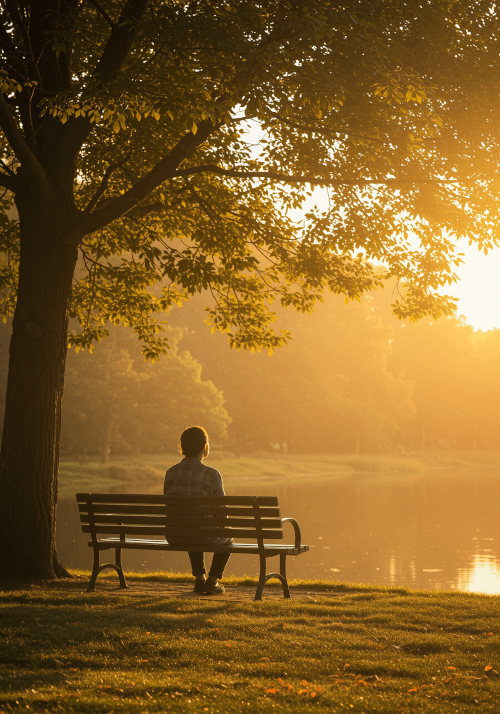 Person sitting peacefully on bench in nature with soft golden sunlight filtering through trees, representing healing and spiritual growth