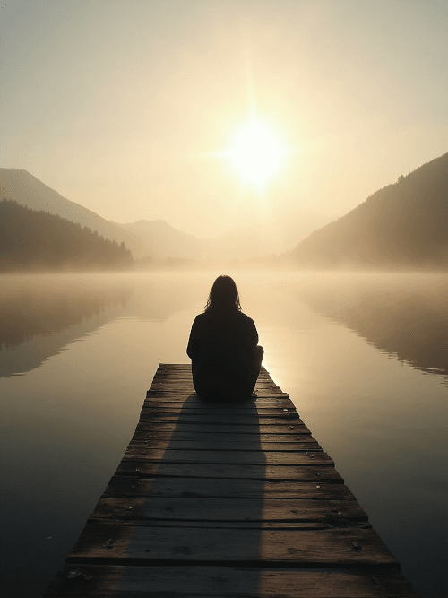 Person sitting alone on wooden dock overlooking misty lake at sunrise with mountains in background