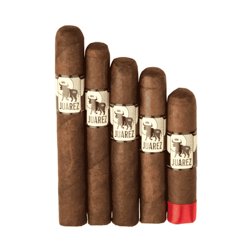Crowned-Heads-Juarez-500×500 Crowned Heads Juarez cigars in assorted vitolas lined up, showing the signature bull logo on each band.