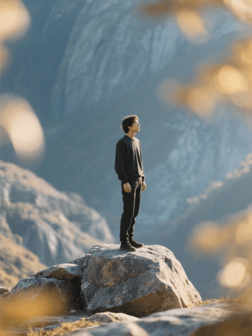 A person standing firmly on a large rock outcropping against a blue sky with soft golden bokeh lights in the foreground, conveying strength and contemplation